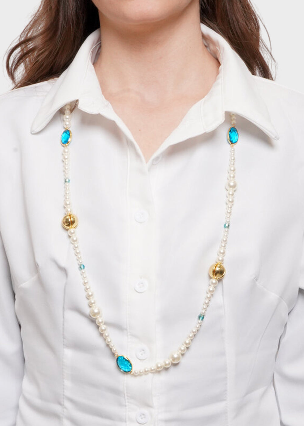 Collana lunga in Metallo color oro con perle e pietre blu