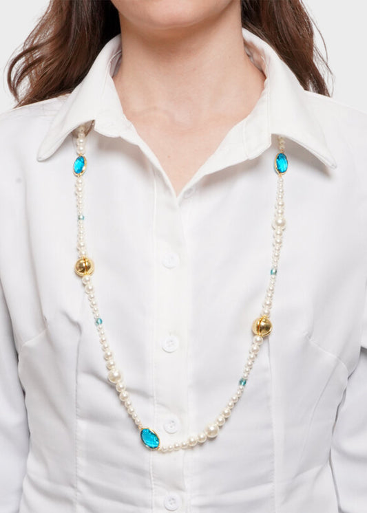Collana lunga in Metallo color oro con perle e pietre blu
