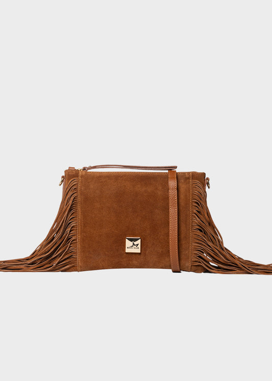 Borsa a tracolla Calira con frange, in pelle scamosciata
