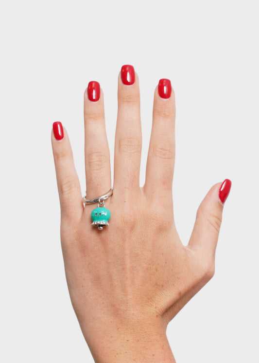 Anello in Acciaio color argento con campanella verde acqua e scritta Capri e zirconi