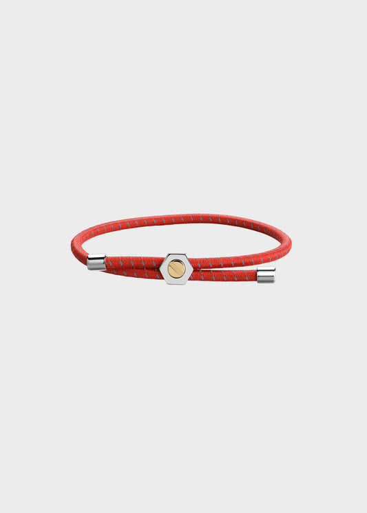 Bracciale Panama in cordino elastico arancione con dettagli in acciaio e centrale a vite con finitura pvd oro 14K