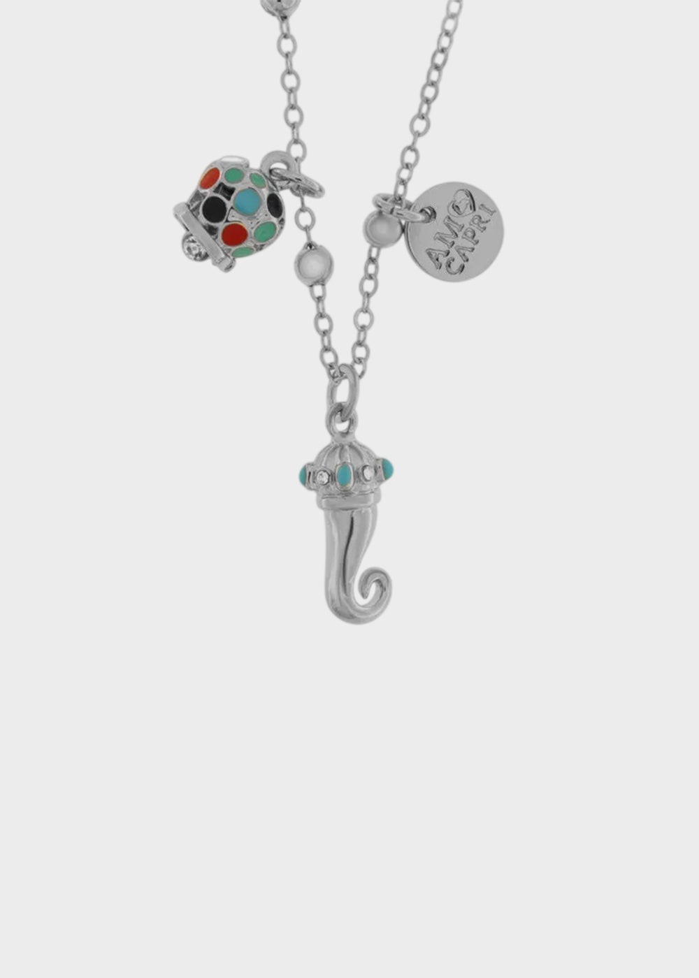 Collana in Acciaio color argento con corno impreziosito da punte di smalto turchese e campanella in smalti multicolore