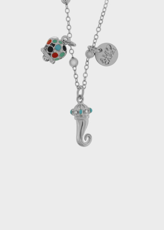 Collana in Acciaio color argento con corno impreziosito da punte di smalto turchese e campanella in smalti multicolore