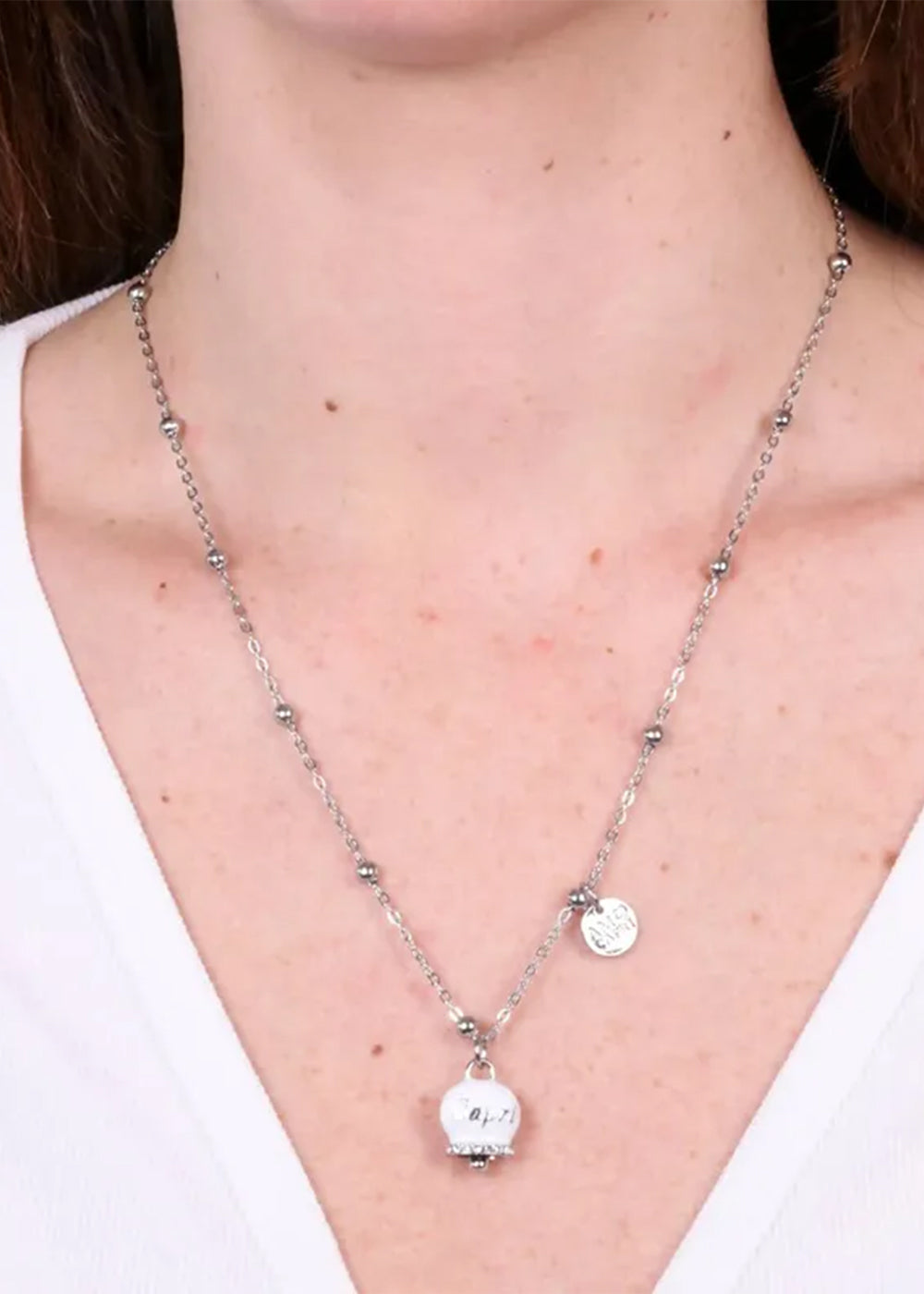 Collana in Acciaio color argento con Campanella Portafortuna Capri Bianca