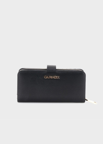Wallet with zip closure and flap, with metal logo