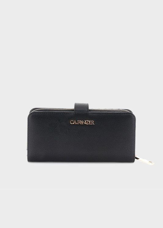 Wallet with zip closure and flap, with metal logo