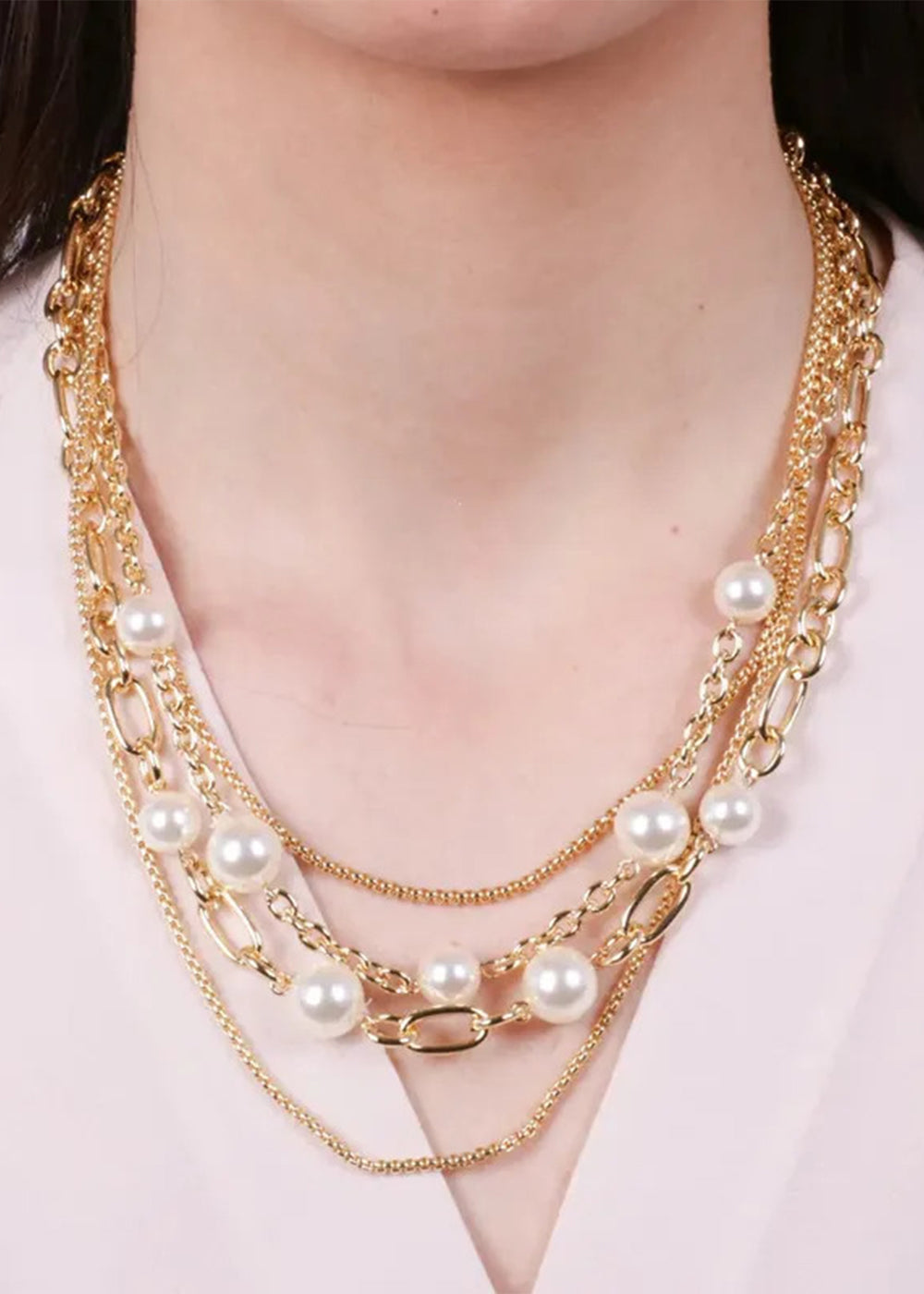 Collana multifilo in Metallo color oro con perle e catene intrecciate