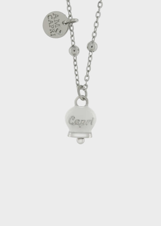 Collana in Acciaio color argento con campanella pendente bianca con scritta Capri