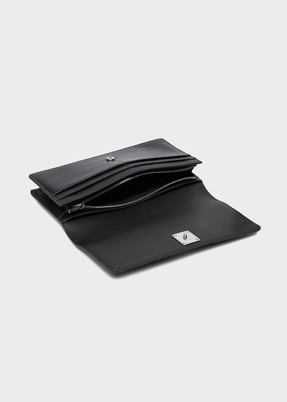 Leather book wallet with monogram logo emblem and internal zip