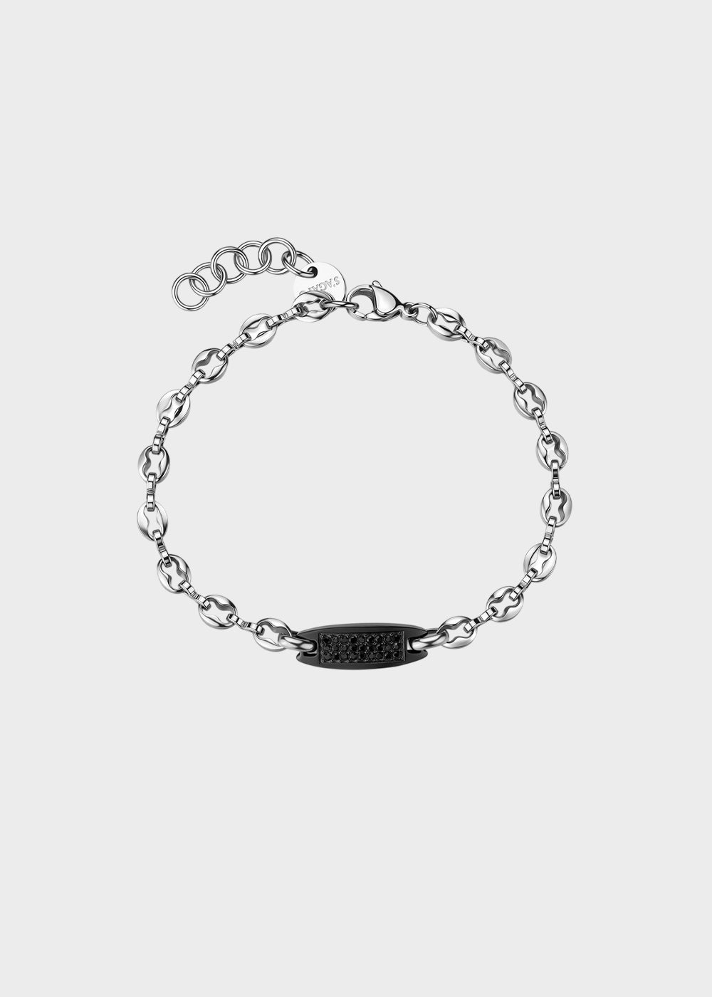 Bracciale catena Titan in acciaio con finitura pvd colore nero e targa centrale con cristalli neri