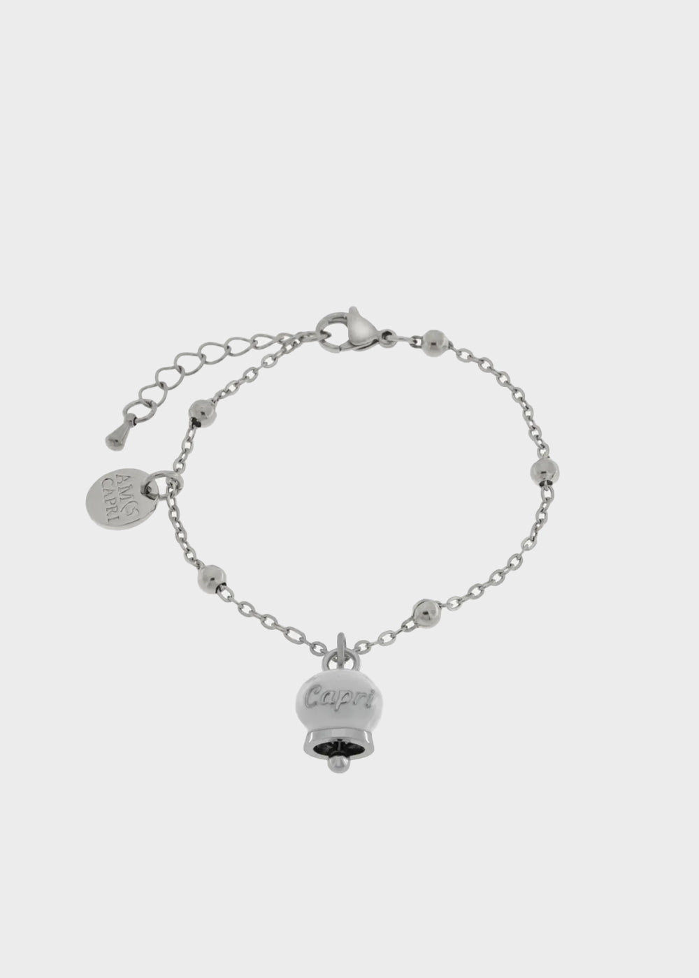 Bracciale in Acciaio color argento con campanella pendente bianca con scritta Capri