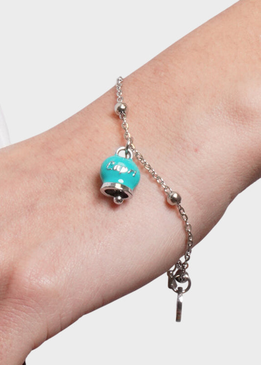 Bracciale in Acciaio color argento con campanella pendente Turchese con scritta Capri