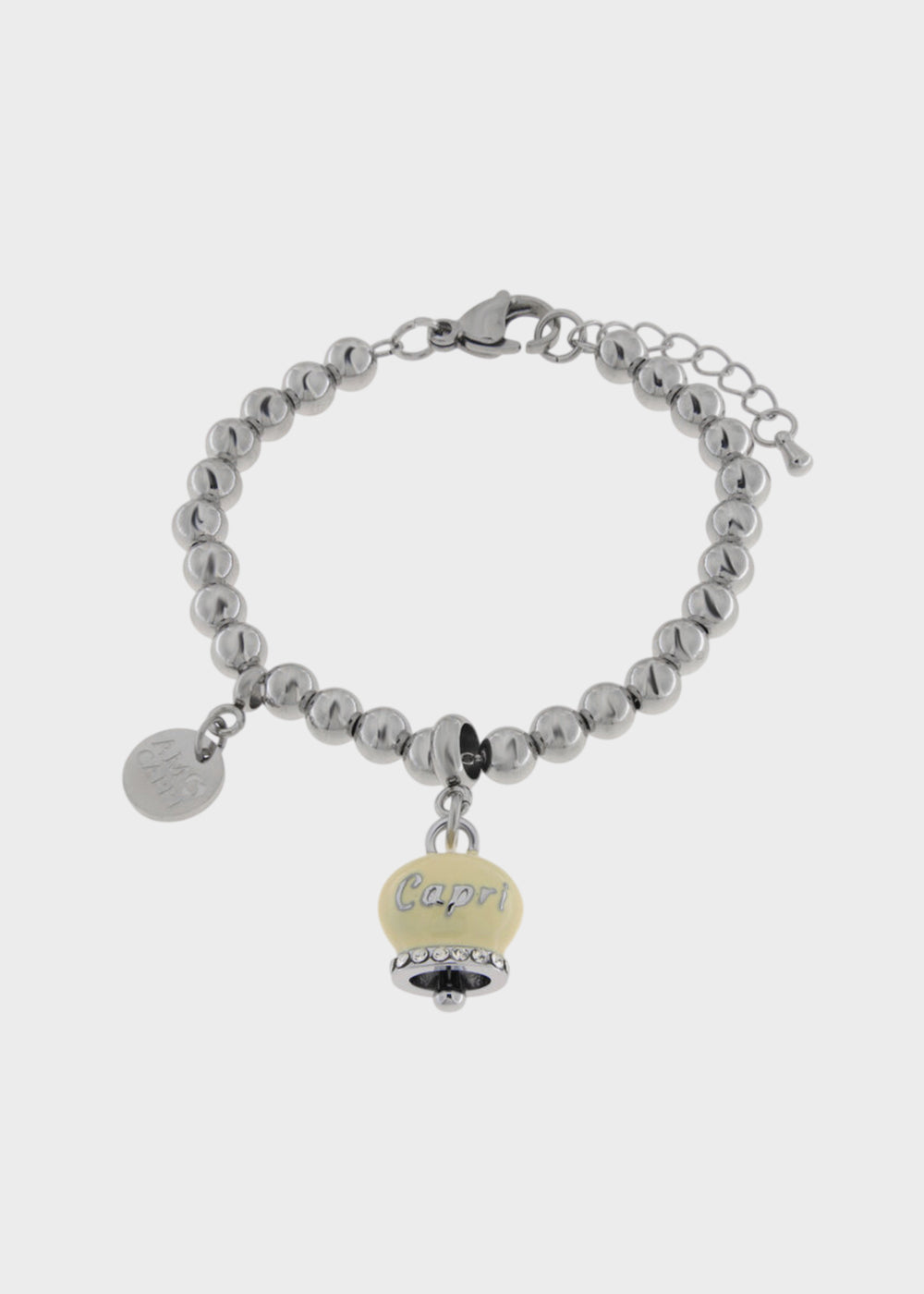 Bracciale in Acciaio a sfere color argento con Campanella Portafortuna Sole di Capri Gialla Pale Banana