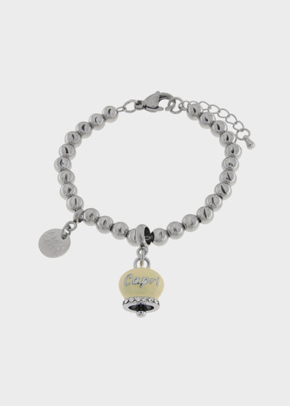 Bracciale in Acciaio a sfere color argento con Campanella Portafortuna Sole di Capri Gialla Pale Banana