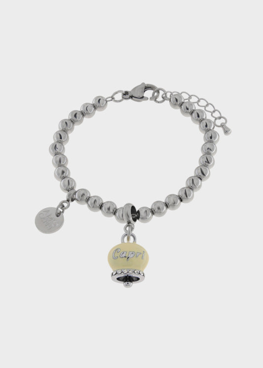 Bracciale in Acciaio a sfere color argento con Campanella Portafortuna Sole di Capri Gialla Pale Banana
