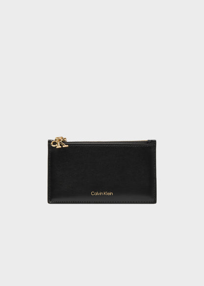 Card holder with coin pocket and leather logo
