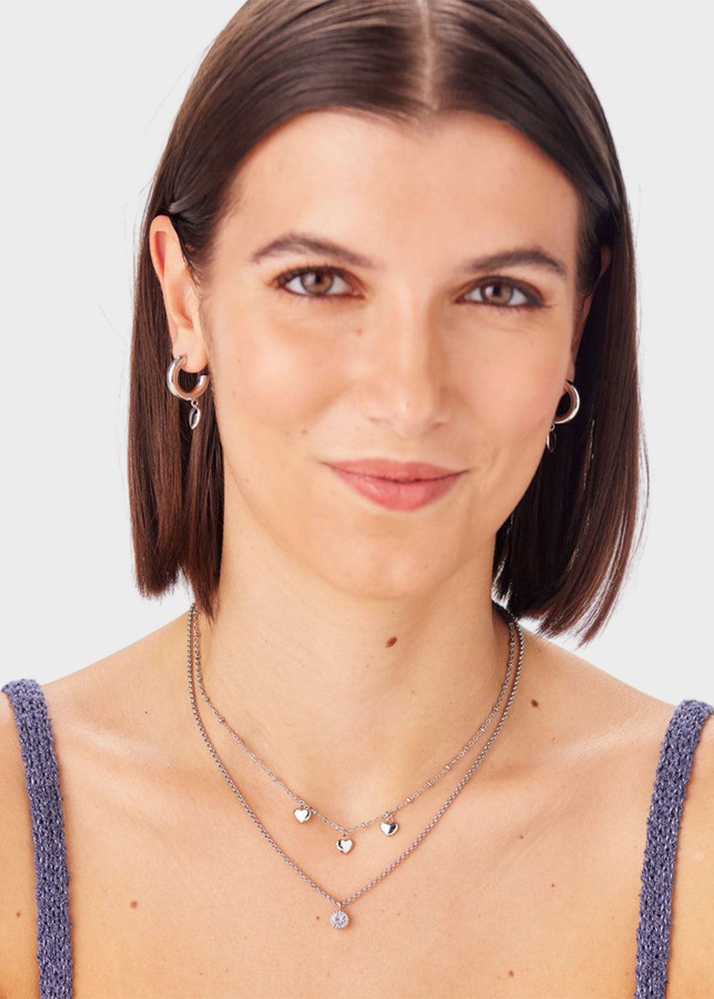 Collana Aurora doppiofilo in acciaio con cristallo e pendenti a forma di cuore