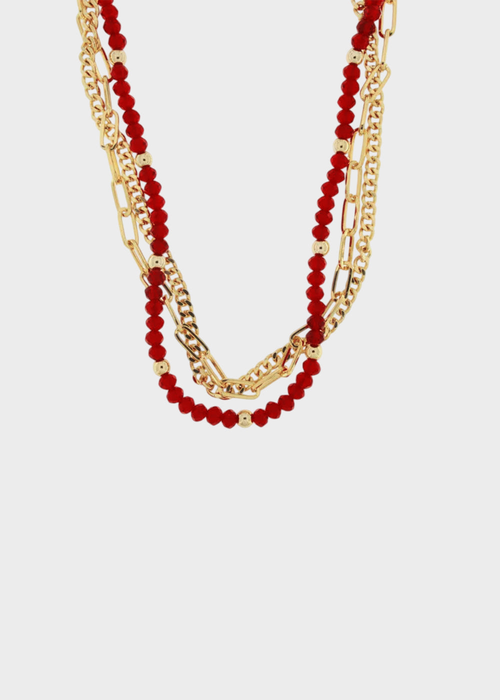 Collana multifilo in Metallo con pietre rosse e catene