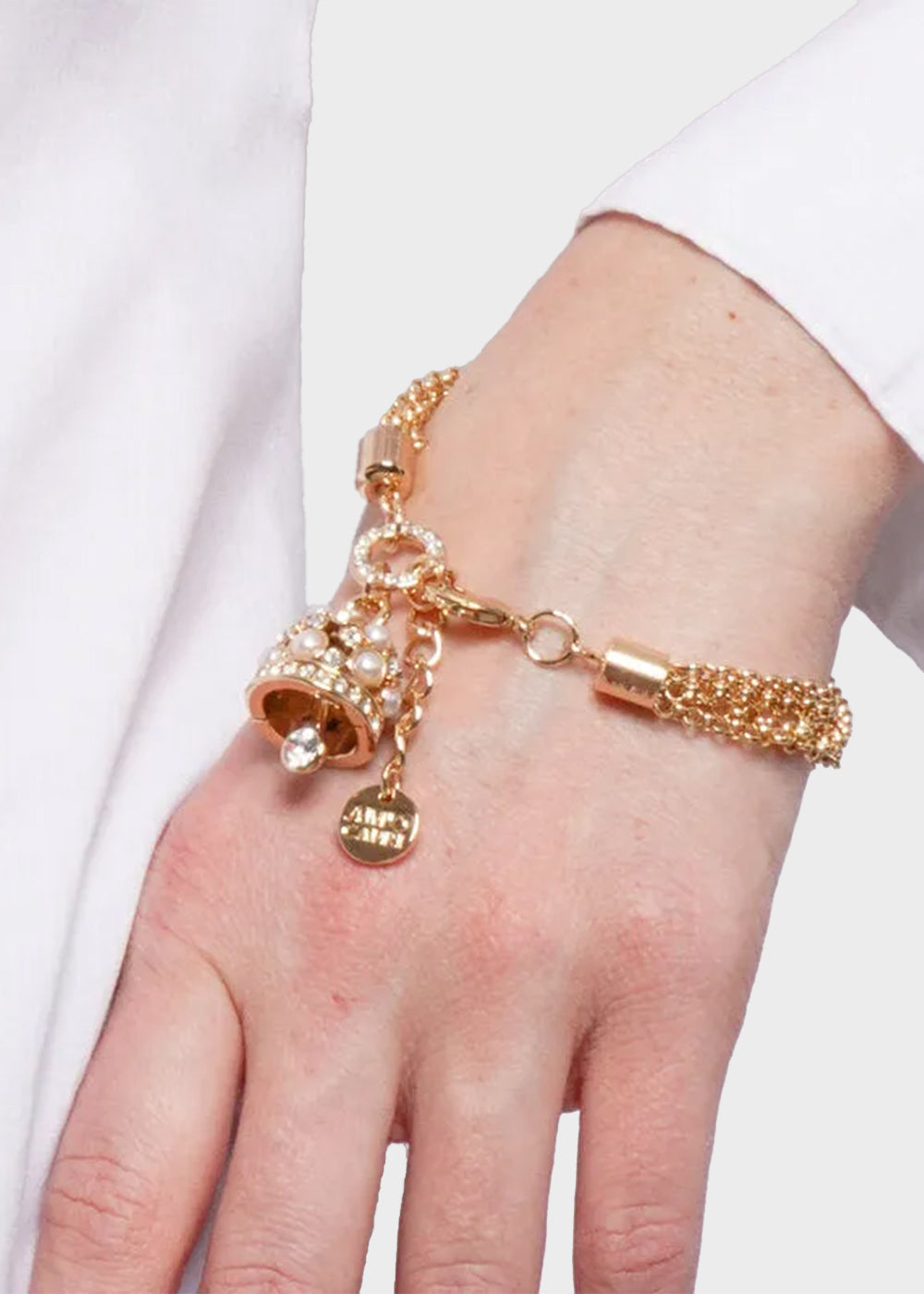 Bracciale in Metallo color oro catena multifilo, con campana pendente impreziosita da cristalli e punti luce-2