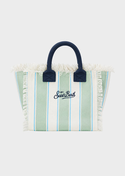 Borsa da mare media Colette in canvas a righe verdi con logo ricamato e tracolla