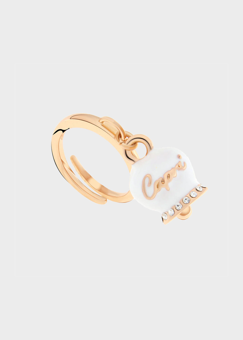 Anello in Metallo color oro rosa con campanella Capri bianca e cristalli