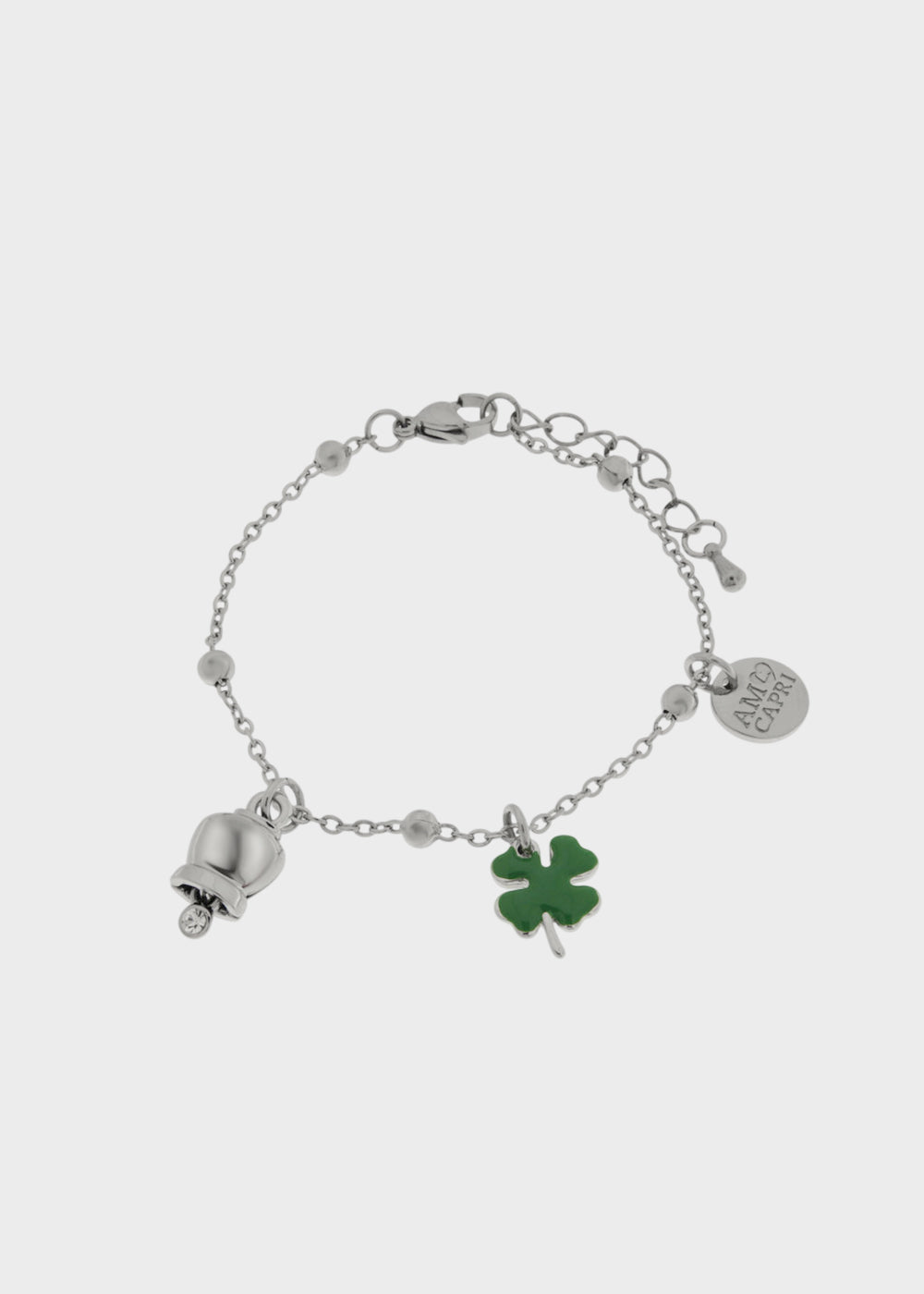 Bracciale in Acciaio color argento con quadrifoglio pendente e campanella portafortuna con punto luce