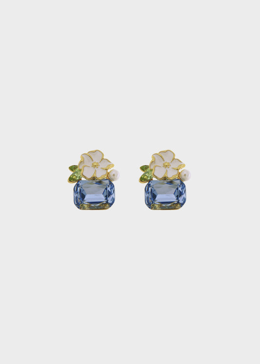 Orecchini in Metallo color oro con fiore bianco e pietra blu