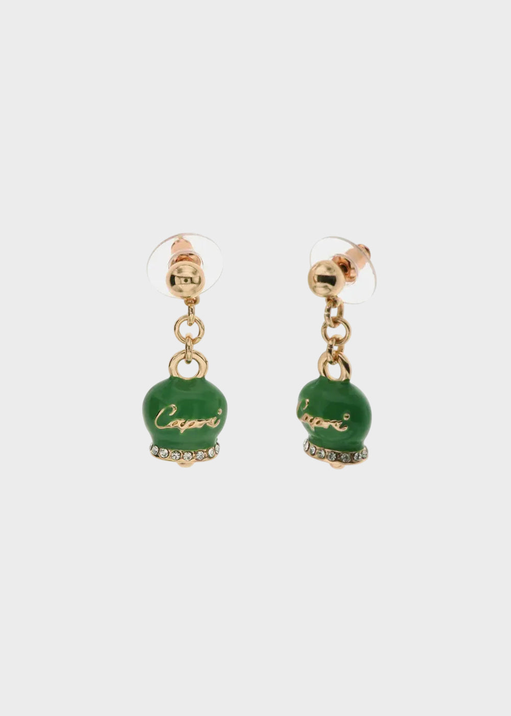 Orecchini in Metallo color oro rosa con campanella Capri verde e cristalli