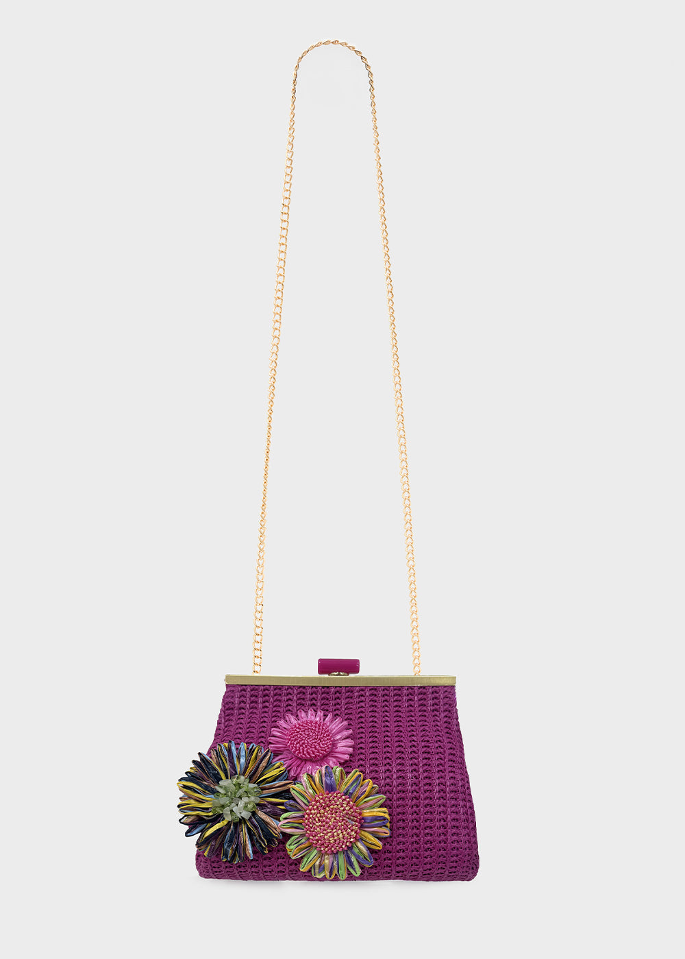 Pochette Marbella in paglia con fiori e tracolla a catena
