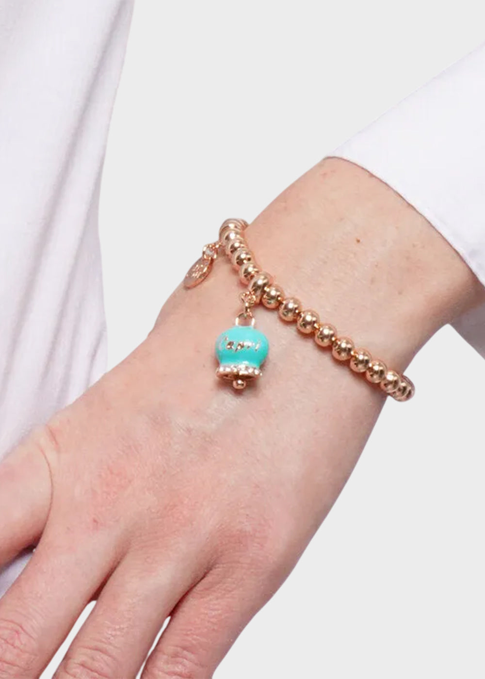 Bracciale in Metallo color oro con maglia a sfere e campanella Capri turchese-2