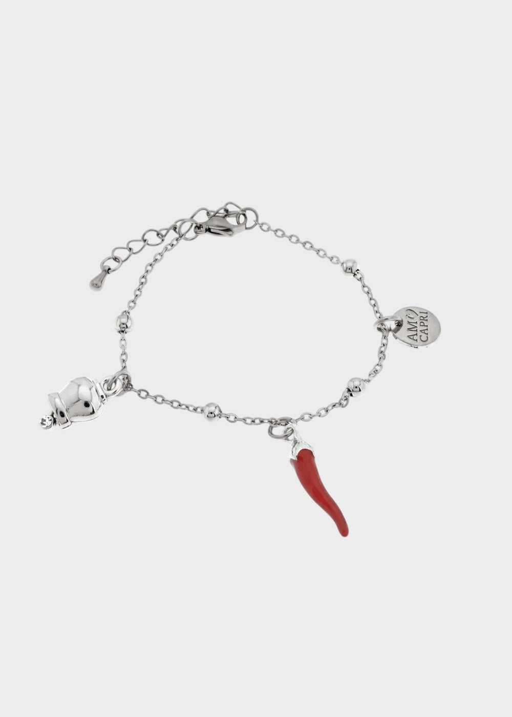 Bracciale in Acciaio color argento con cornetto rosso pendente e campanella portafortuna con punto luce