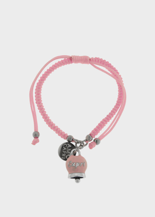 Bracciale in tessuto e Acciaio con Campanella Portafortuna Dolce Capri Rosa