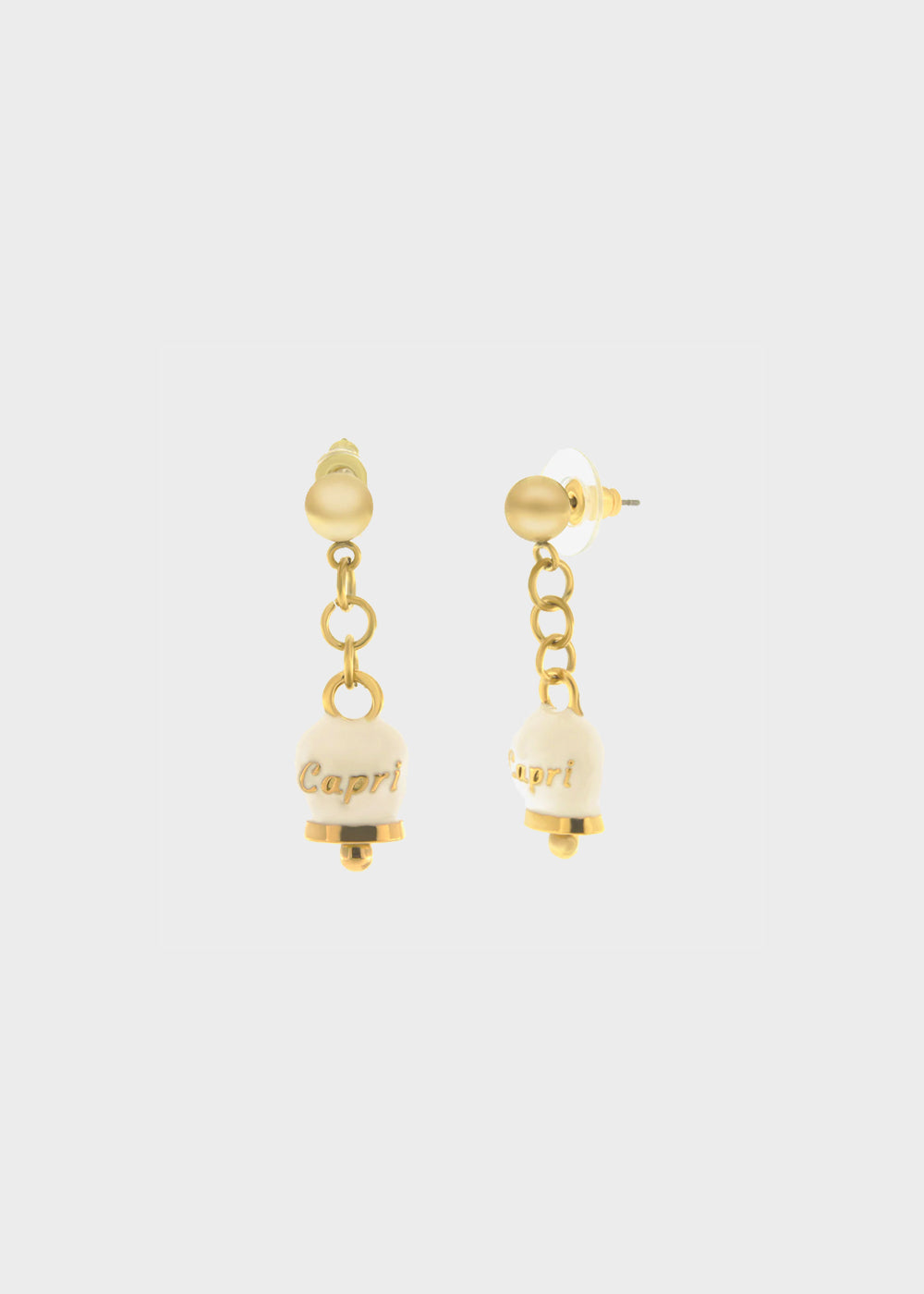 Orecchini in Acciaio color oro con campanella bianca e oro con scritta Capri
