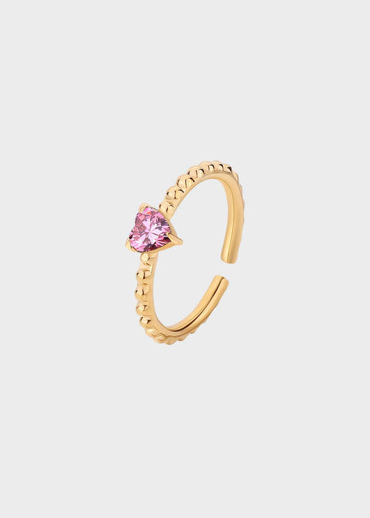 Anello regolabile Dazzly in acciaio con finitura pvd oro 14k e pietra a forma di cuore rosa
