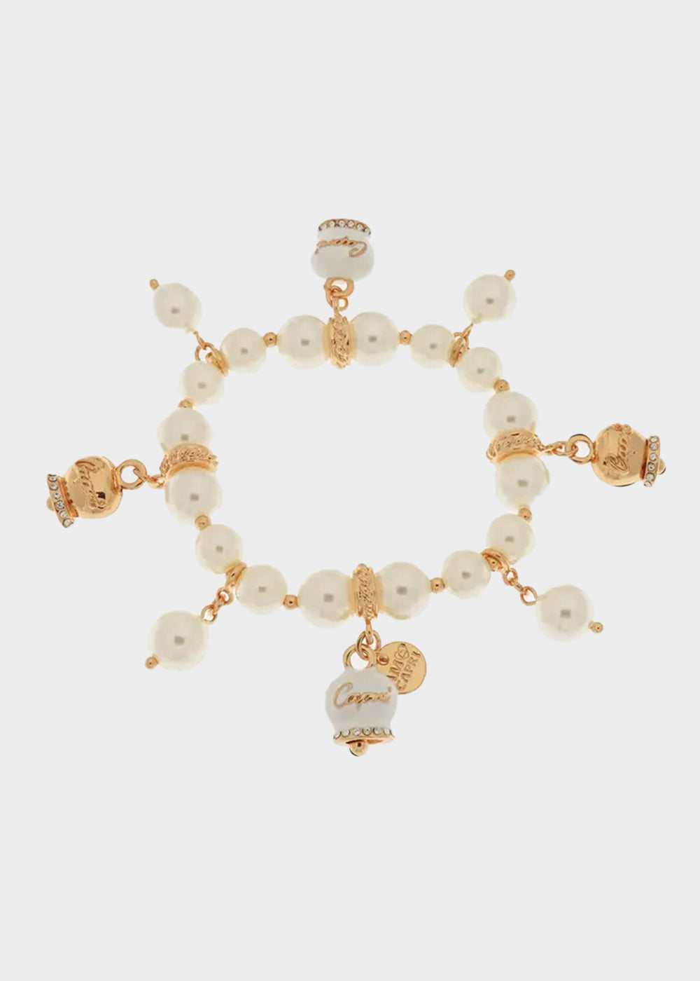 Bracciale in Metallo con perle e campanelle portafortuna in smalto bianco con scritta Capri-1