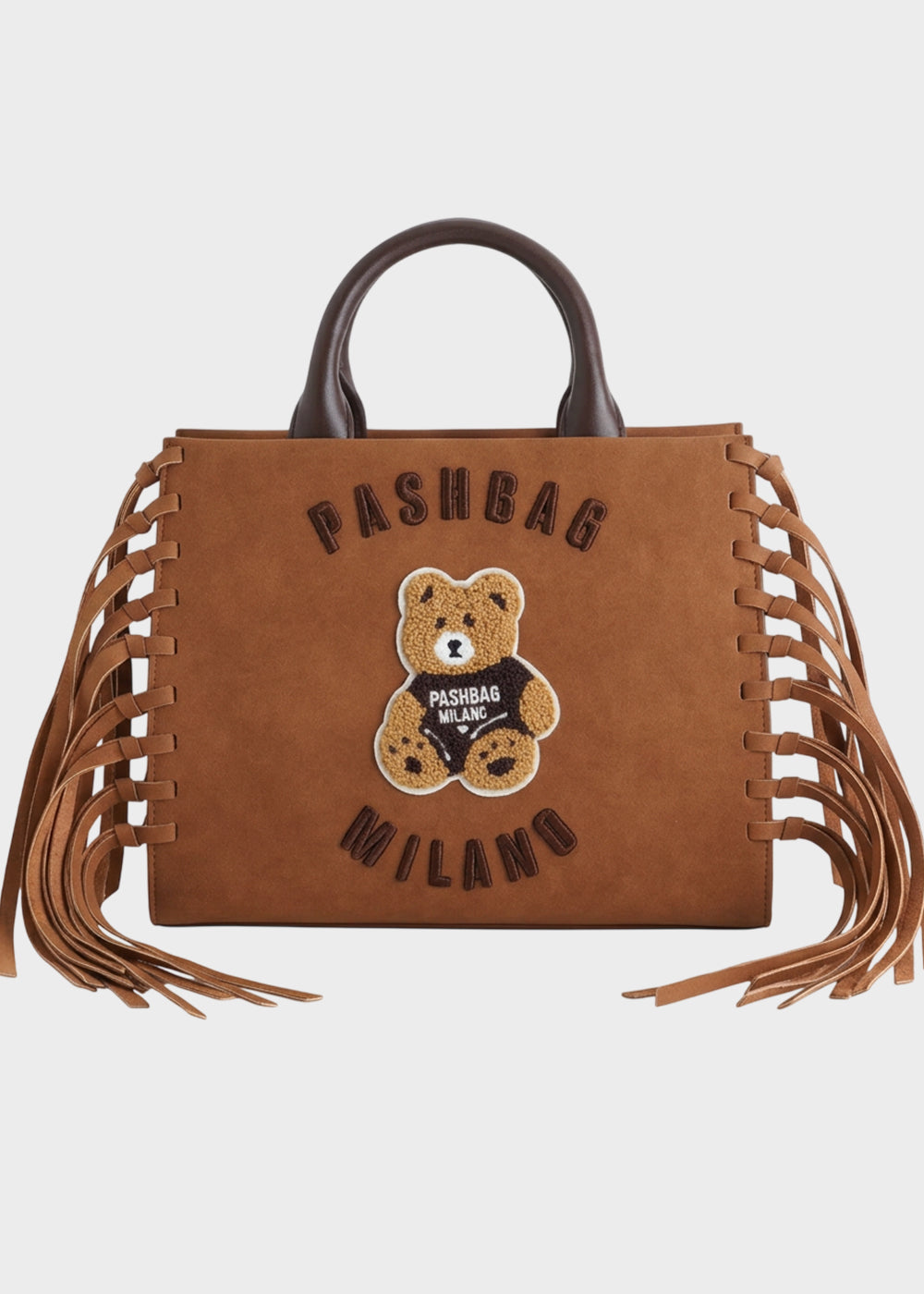Borsa a mano Marge in camoscio sintetico con tracolla, frange e applicazione orsetto centrale Teddy