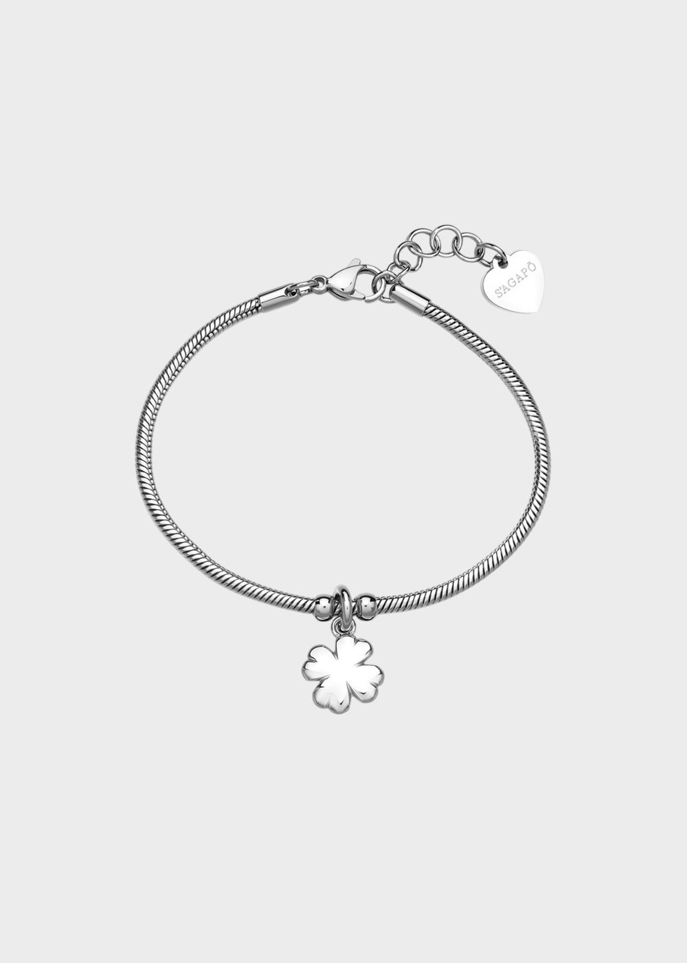 Bracciale Click in acciaio con pendente a forma di quadrifoglio