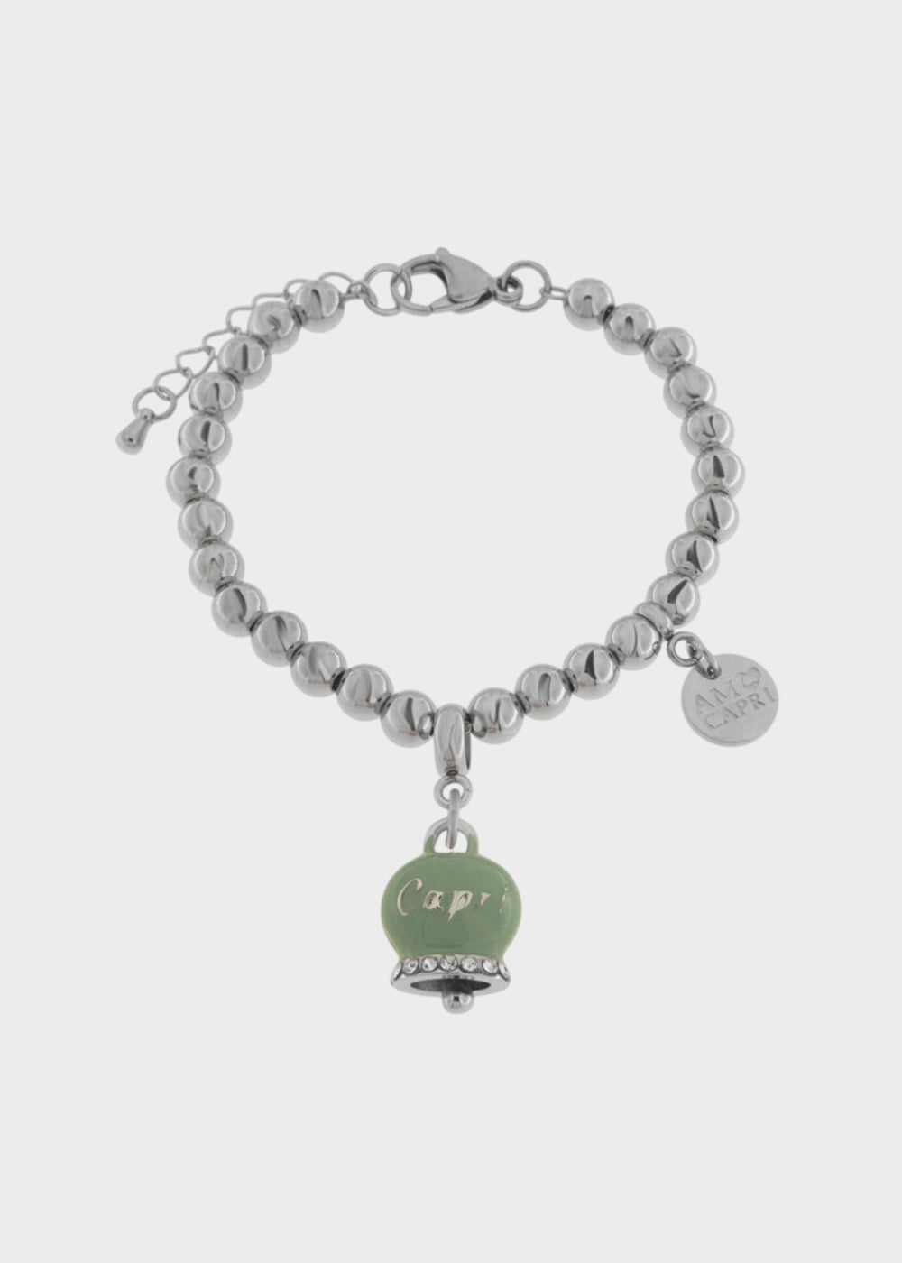 Bracciale in Acciaio a sfere color argento con Campanella Portafortuna Capri Verde