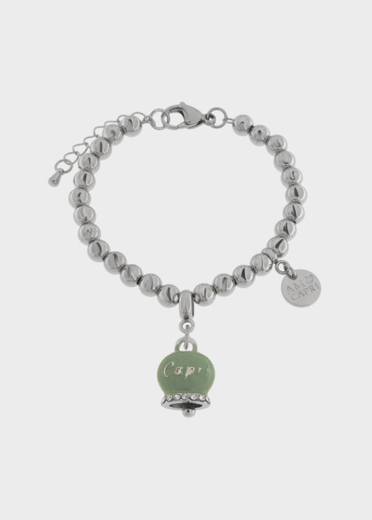 Bracciale in Acciaio a sfere color argento con Campanella Portafortuna Capri Verde