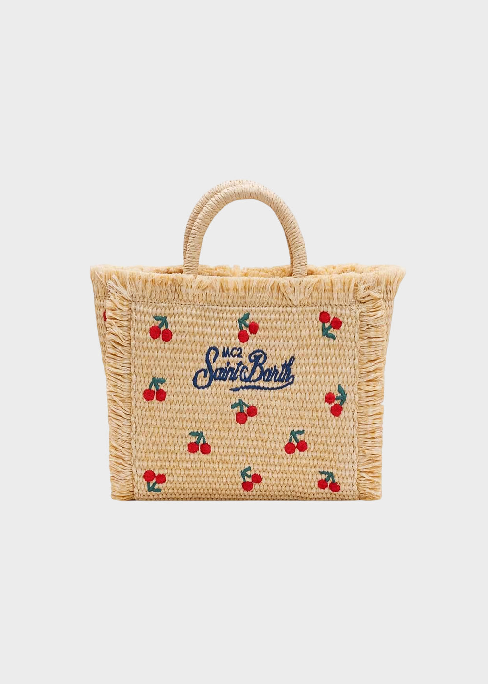 Borsetta da mare piccola Vanity Mini Cherry con tracolla in tessuto effetto paglia