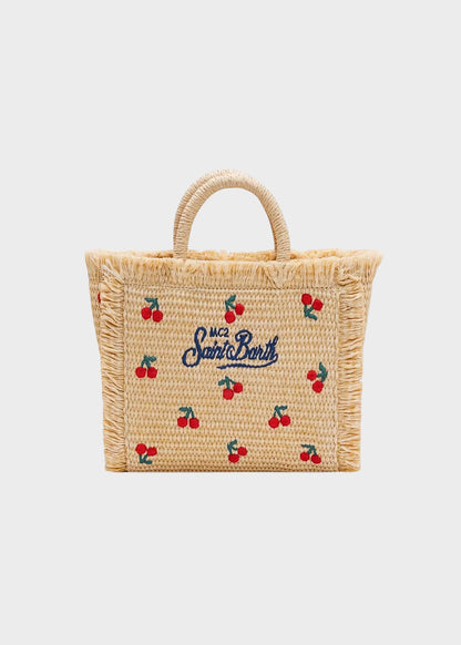 Borsetta da mare piccola Vanity Mini Cherry con tracolla in tessuto effetto paglia
