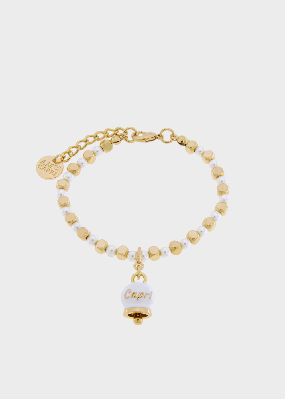Bracciale in Metallo color oro con sfere, cubi e campanella Capri bianca