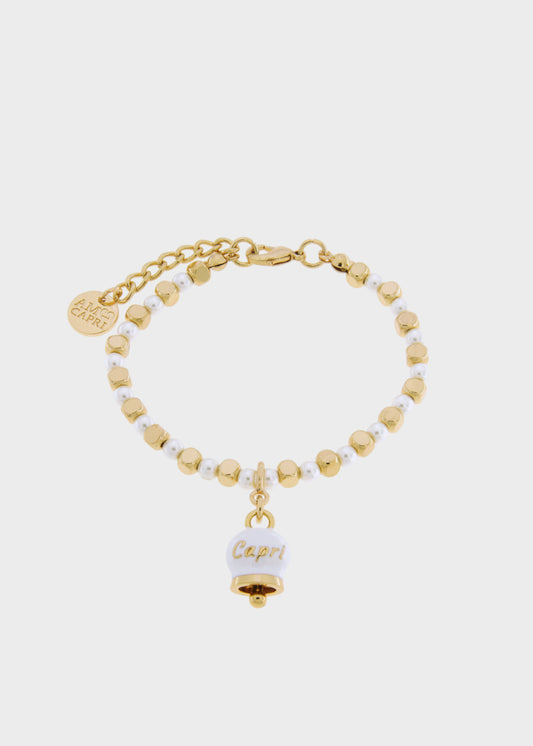 Bracciale in Metallo color oro con sfere e campanella Capri bianca