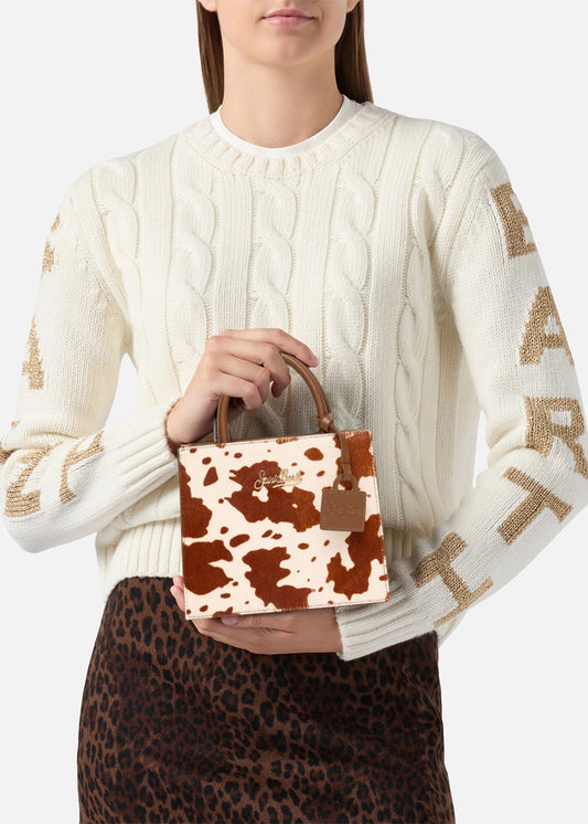 Borsetta a mano piccola Shop Bag Mini Cow Brushed in pelle effetto pelo con tracolla e logo metallico