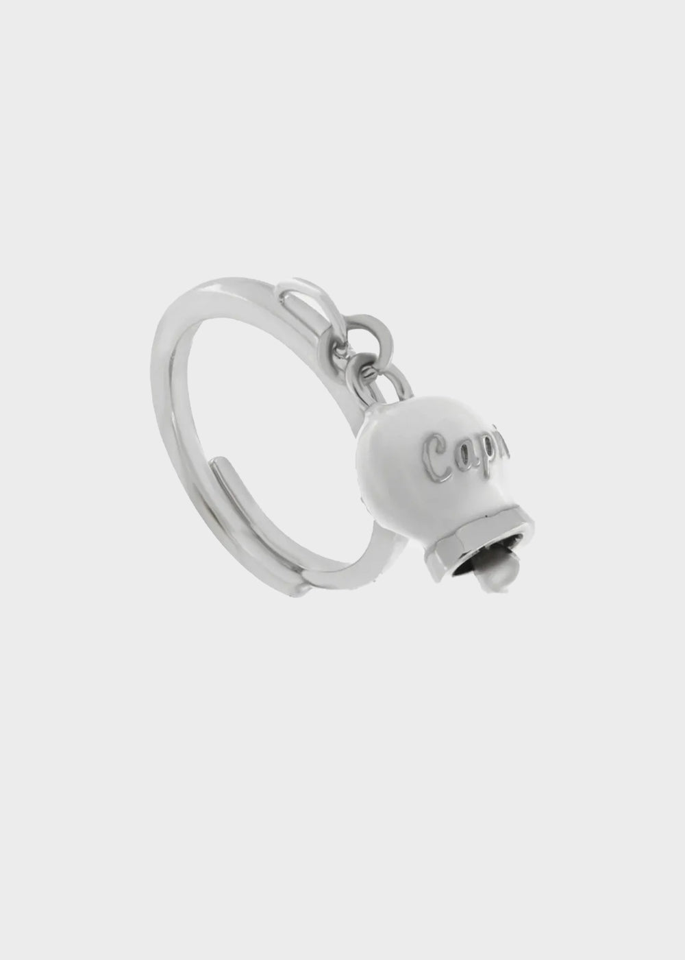 Anello in Acciaio color argento con campanella pendente bianca con scritta Capri