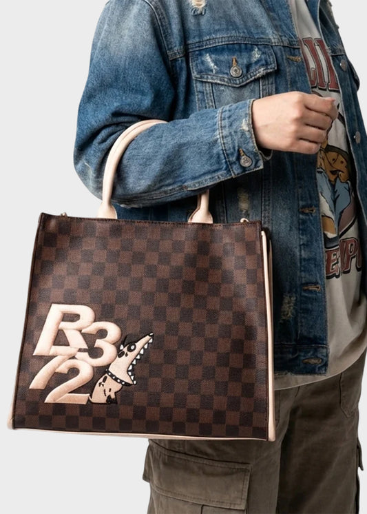 Borsa a mano con tracolla, logo ricamato frontale e trama a scacchi, "Limited Edition"