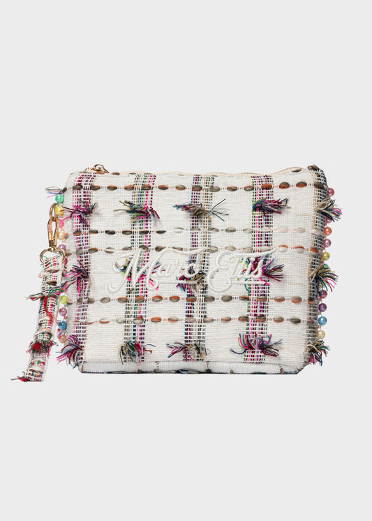 Pochette da Mare in tessuto Cassy Indy con perline laterali e manico rimovibile