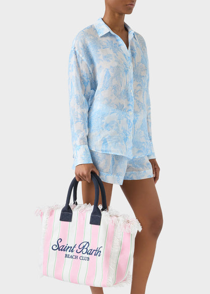 Borsa da mare grande Vanity in canvas a righe rosa con logo ricamato