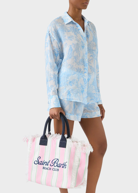 Borsa da mare grande Vanity in canvas a righe rosa con logo ricamato