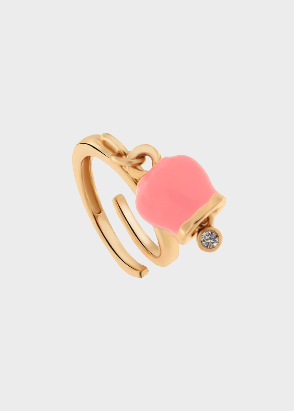 Anello in Metallo color oro con campanella portafortuna pendente rosa e punto luce